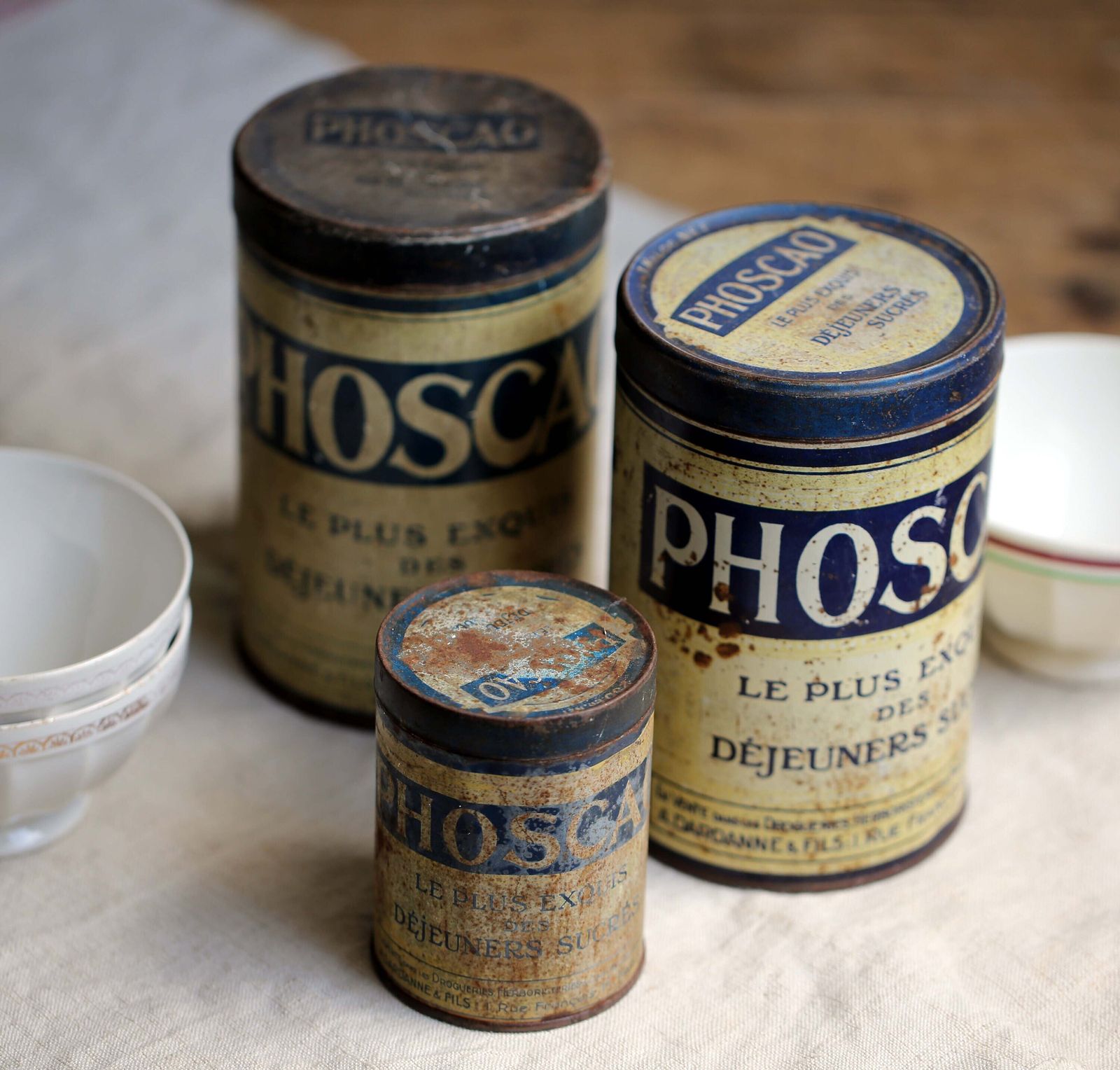 3 Antique French Phoscao Tins Chocolate Drink Canisters Old Metal Breakfast Containers photo 50.0