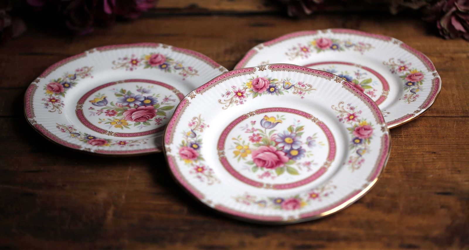 3 Queen's Rosina China Richmond Plates Set Of Pink & White Floral Salad/Dessert Plates photo Home Decor