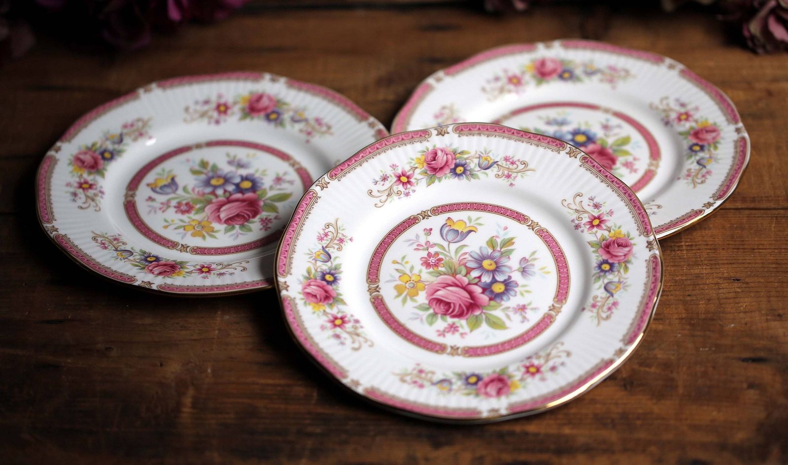 3 Queen's Rosina China Richmond Plates Set Of Pink & White Floral Salad/Dessert Plates photo 60.0