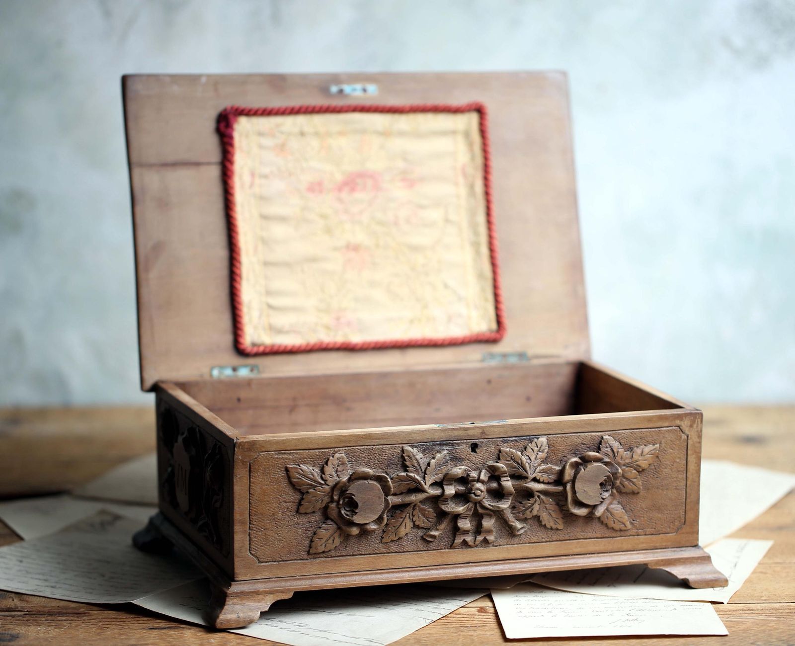 Antique French Pow Carved Wood Box: Trench Art, Signed 1918 photo vintage