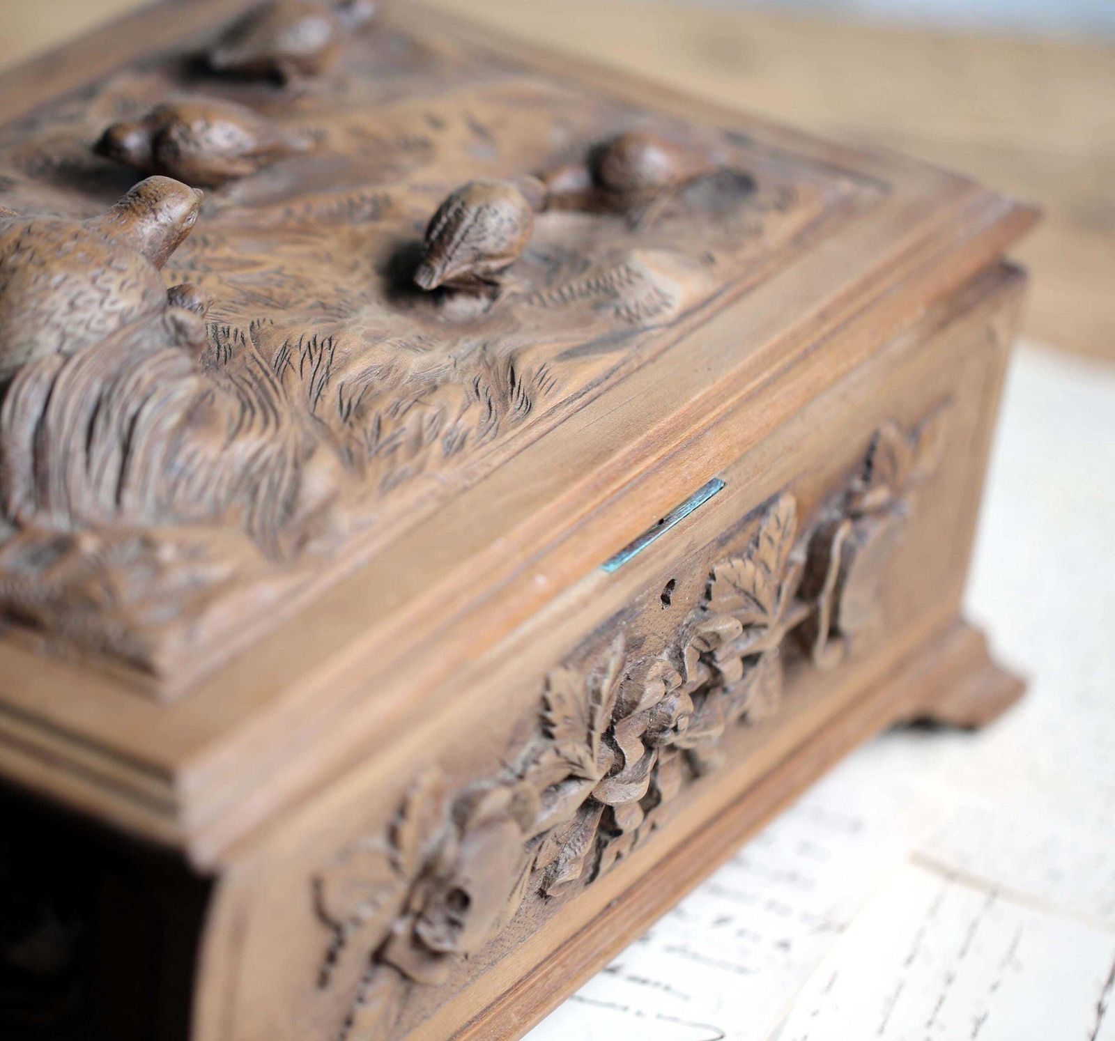 photo furniture Antique French Pow Carved Wood Box: Trench Art, Signed 1918