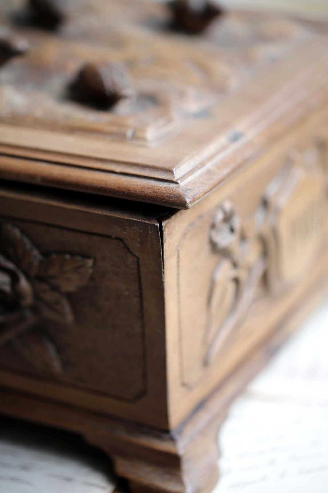 photo for sale Antique French Pow Carved Wood Box: Trench Art, Signed 1918
