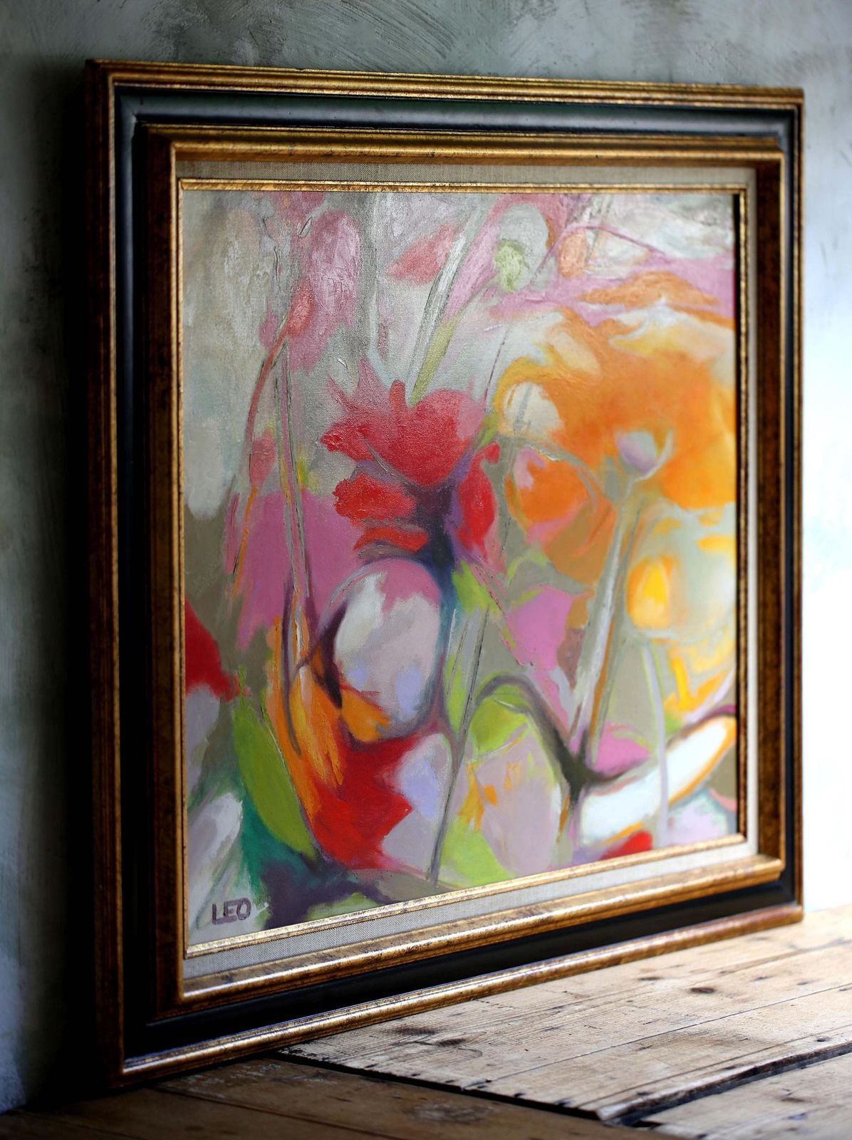 Large French Abstract Floral Oil Painting Canvas Art Flowers Framed Still Life Christian Leo photo furniture