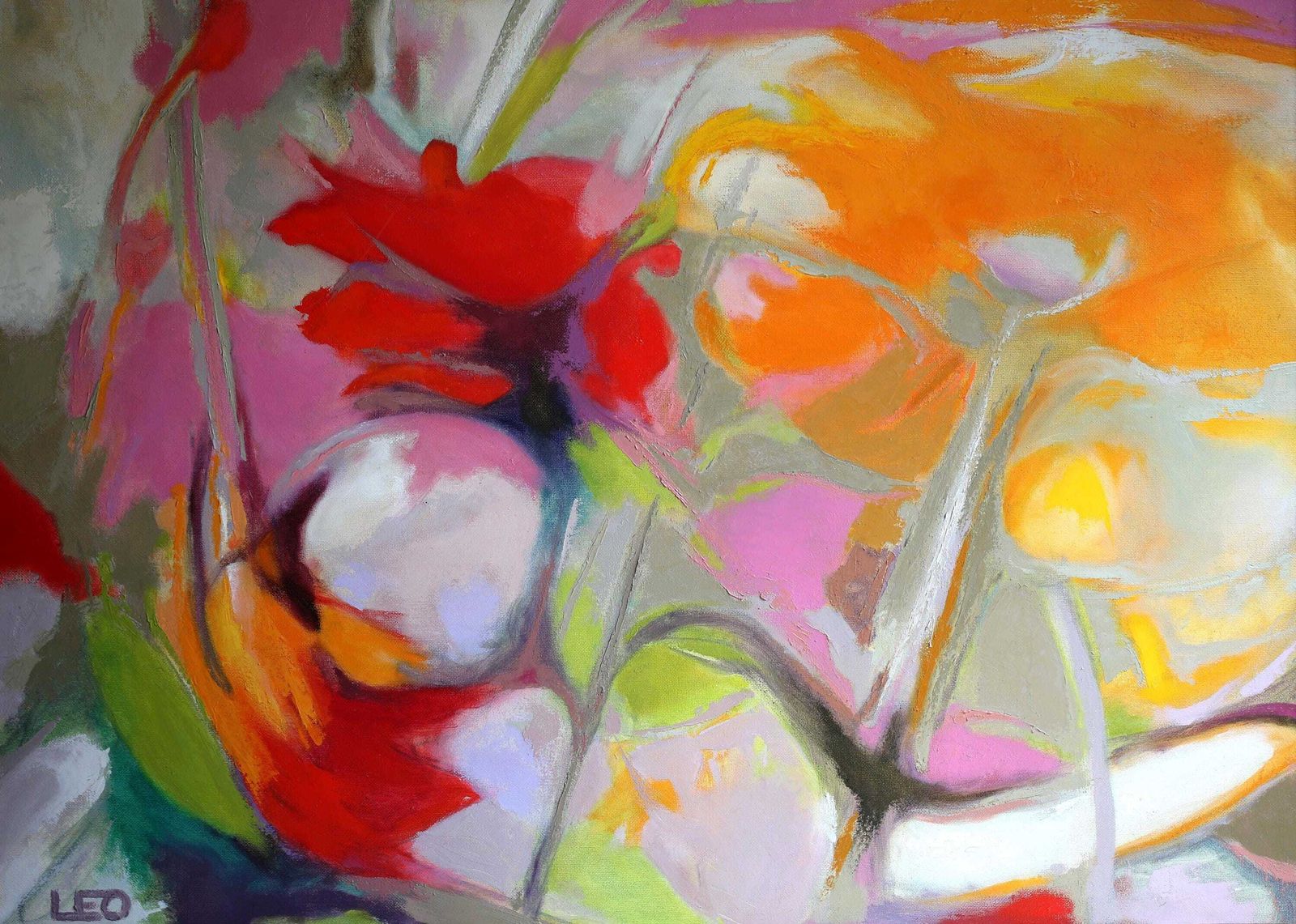 Large French Abstract Floral Oil Painting Canvas Art Flowers Framed Still Life Christian Leo photo for sale