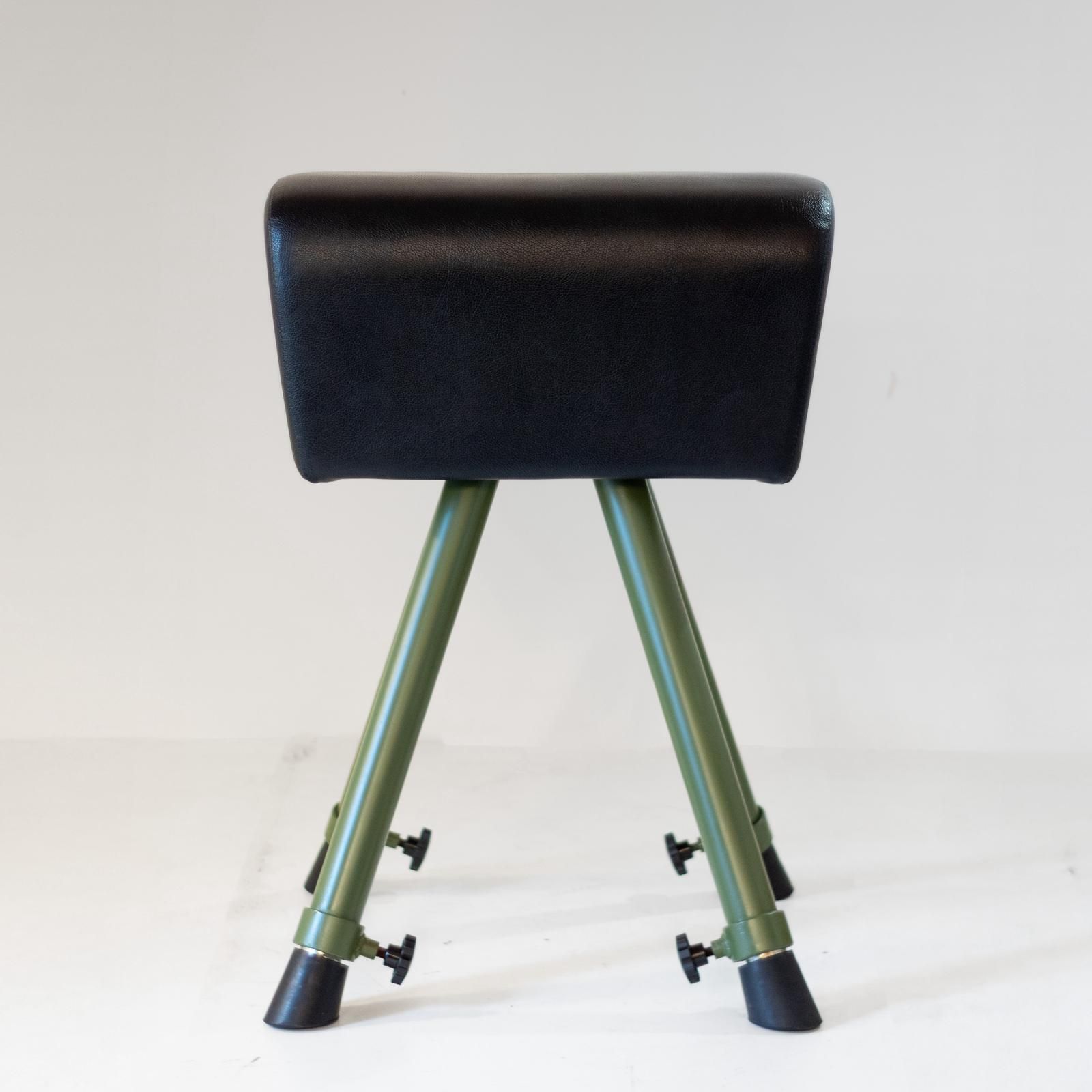 photo for sale Mid Century Modern Vaulting Horse Bench, Green Metal & Black Leather