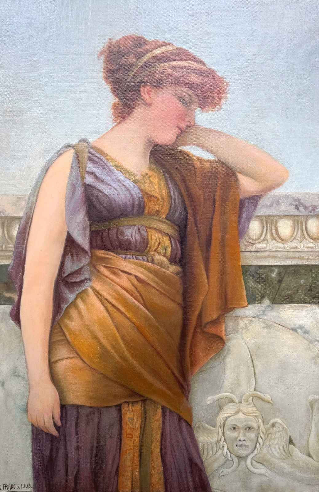 John William Godward (After)  Original Antique Oil On Canvas  Signed & Dated For 1905 photo furniture