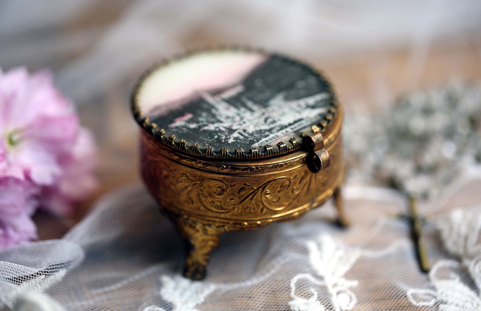 Antique French Ring Box Ormolu Glass & Gold Jewelry Case Souvenir Of Lourdes