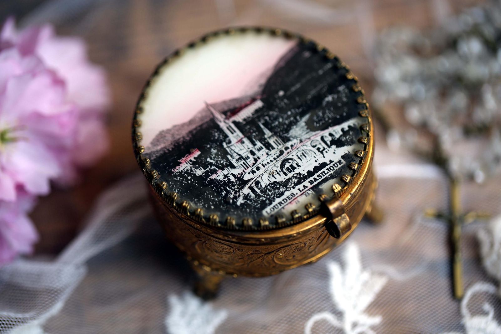 Antique French Ring Box Ormolu Glass & Gold Jewelry Case Souvenir Of Lourdes photo furniture