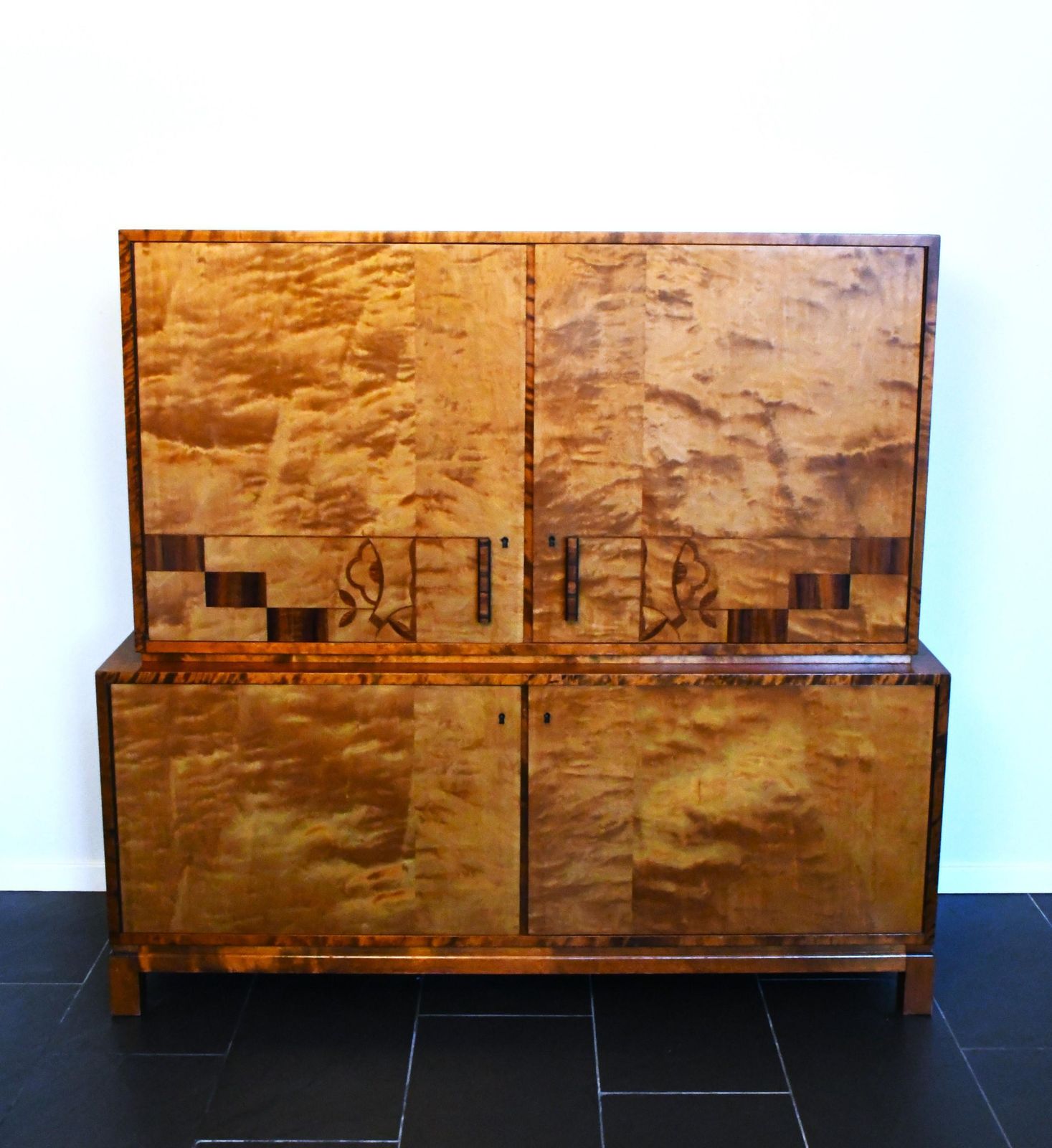 photo for sale Swedish Grace Flamed Birch And Maccasar Intarsia Cabinet Attributed To Smf For Bodafors, 1930s