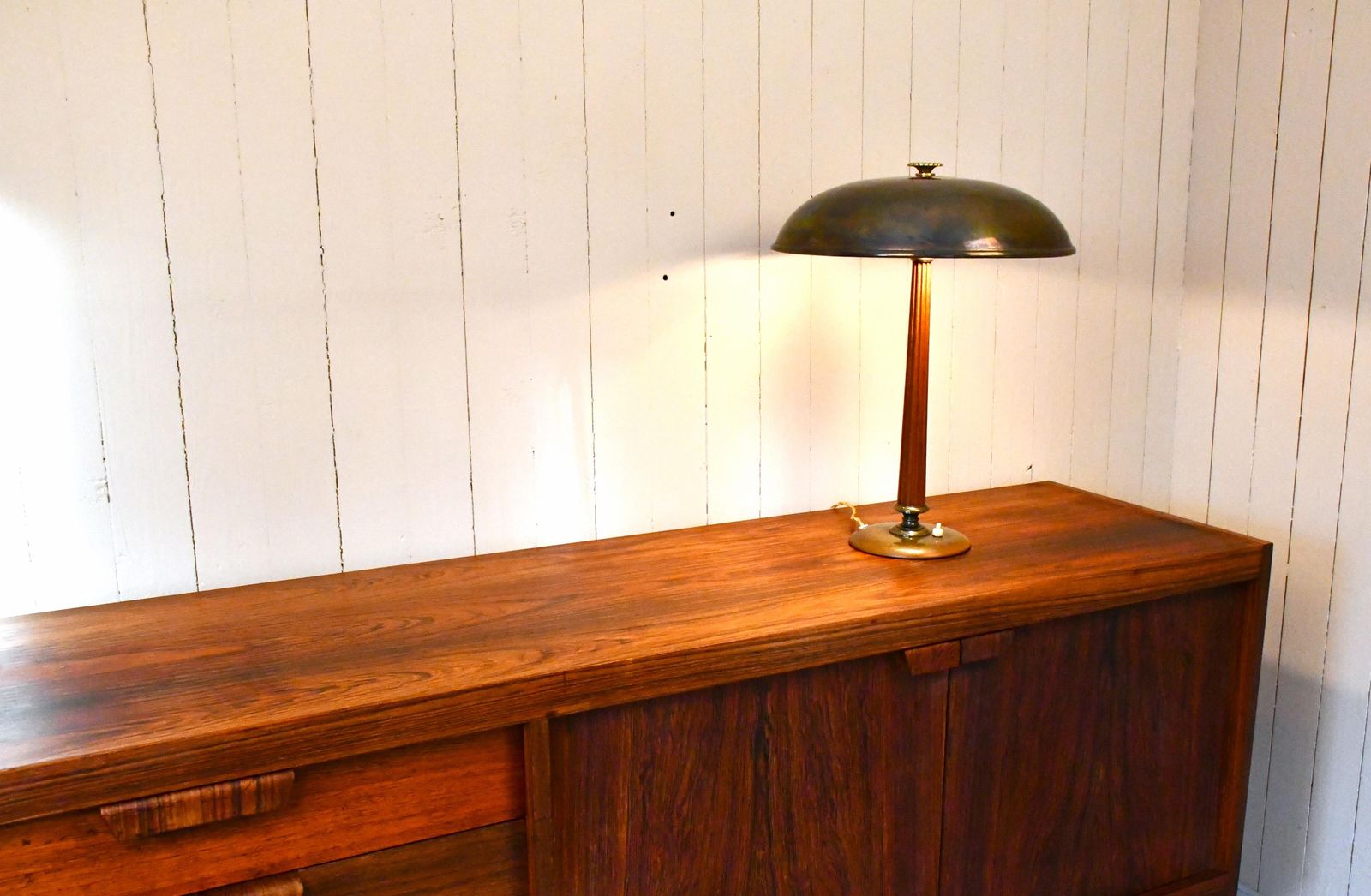 Swedish Brass And Oak Table Lamp By Erik Tidstrand For Nordiska Kompaniet, 1940s photo for sale