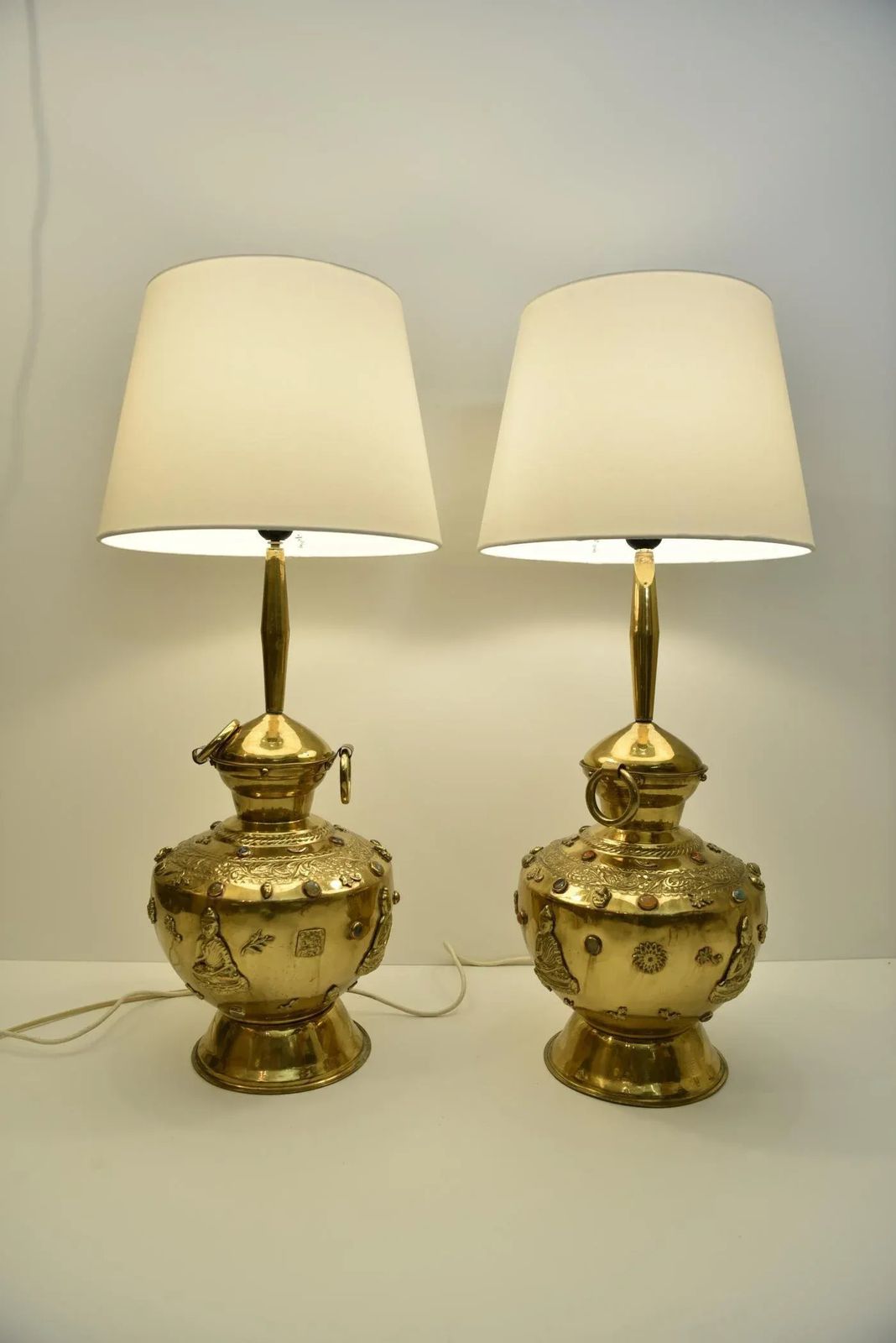 Large Brass And Gemstone Buddha Table Lamps, Set Of 2 photo for sale