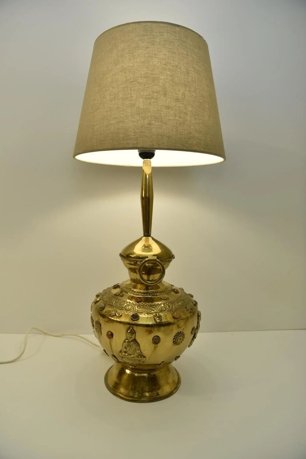 Large Brass And Gemstone Buddha Table Lamps, Set Of 2 photo Lighting