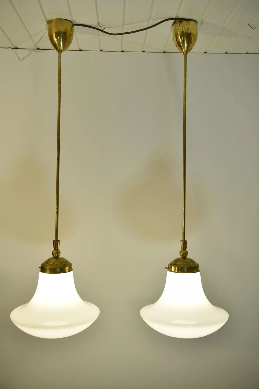 Swedish Grace Art Nouveau Opal White Glass And Brass Pendant Lamp, 1920s
