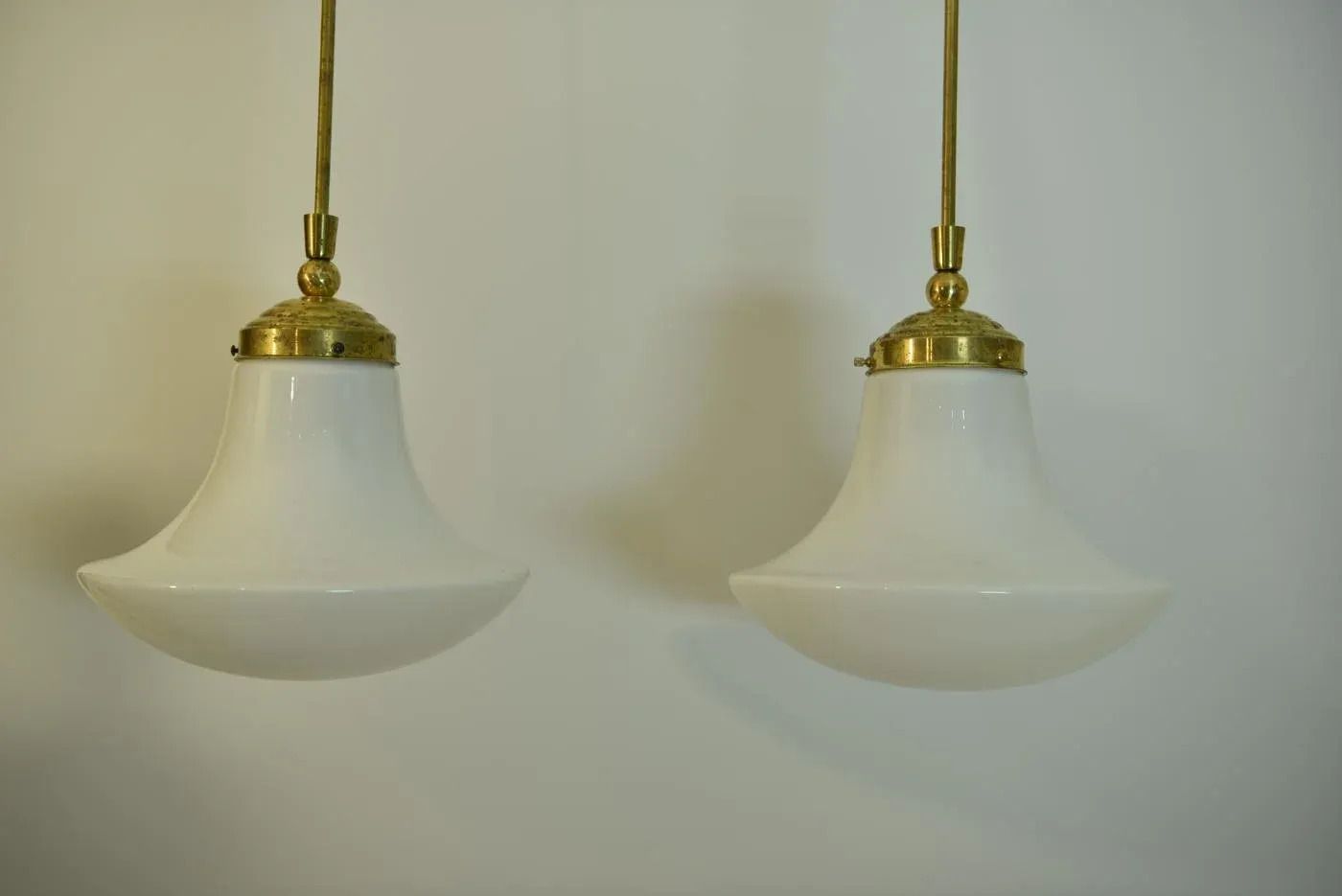 Swedish Grace Art Nouveau Opal White Glass And Brass Pendant Lamp, 1920s photo vinterior