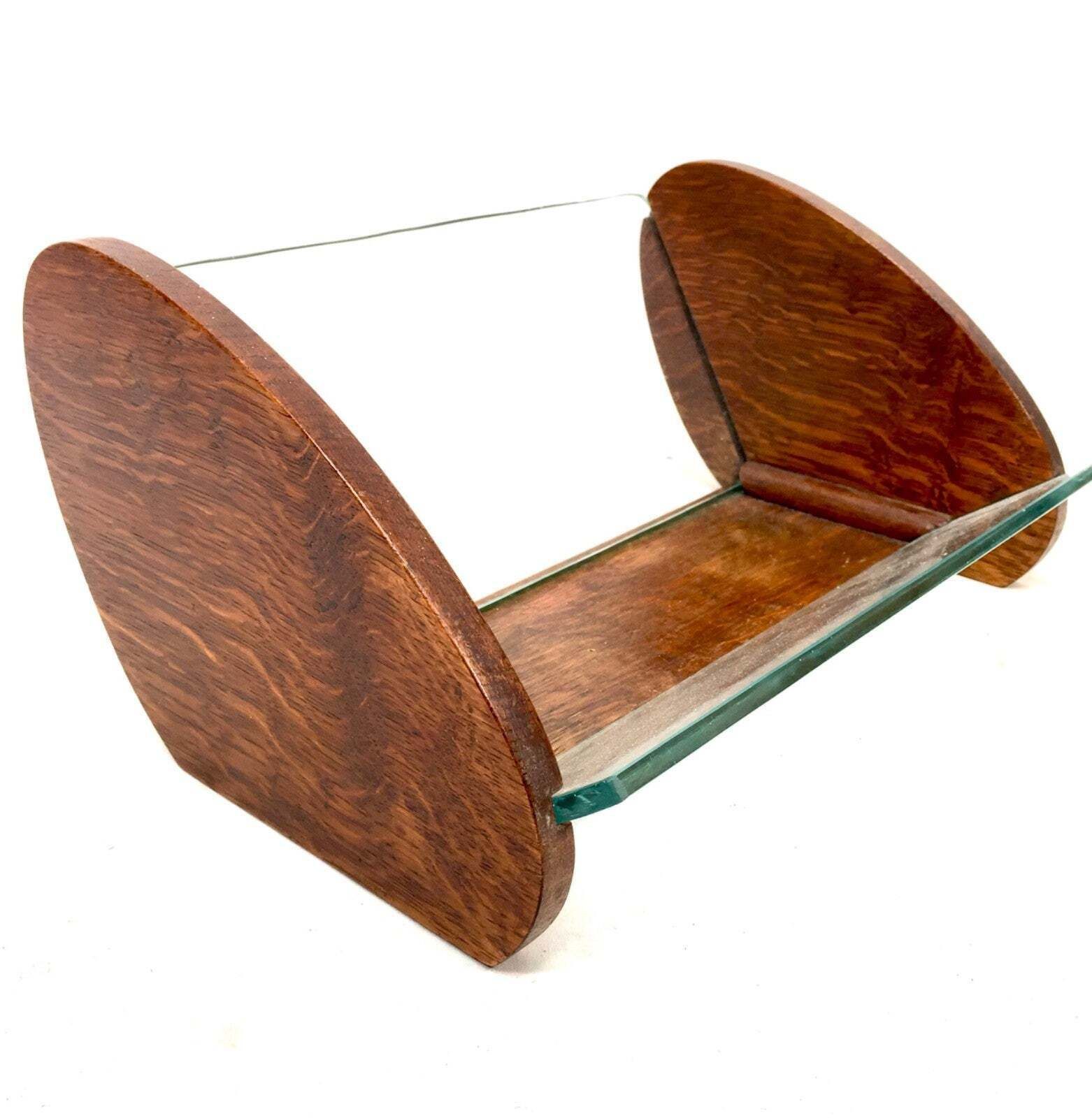 Antique Arts Deco Wooden Oak & Glass Tabletop Book Stand Trough Shelf Rack C1930