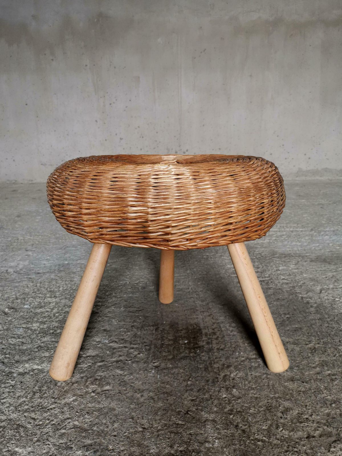Large Rattan Tripod Stool In The Style Of Tony Paul Sweden 1950s. Mint Condition photo furniture