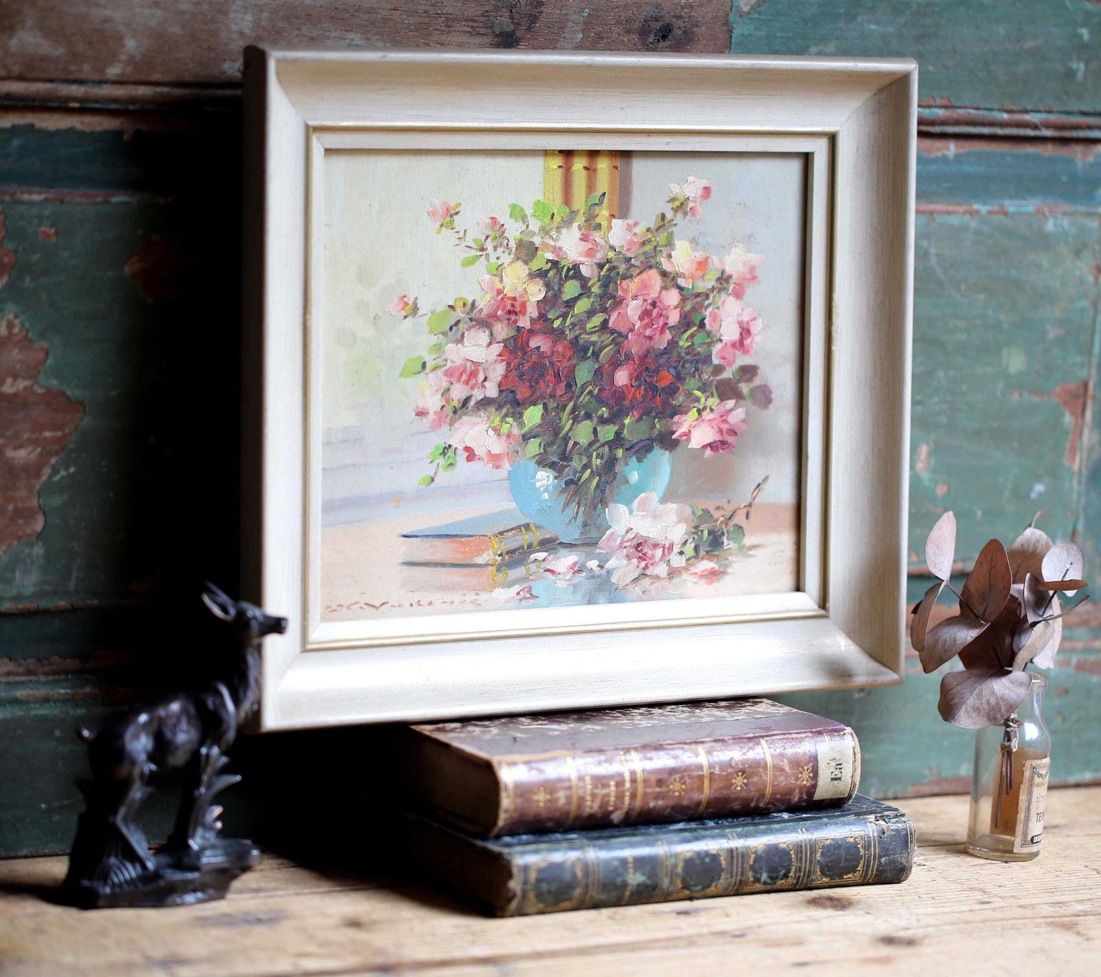 Original Vintage Oil Painting Floral Flowers Picture Pink Roses Still Life photo vintage
