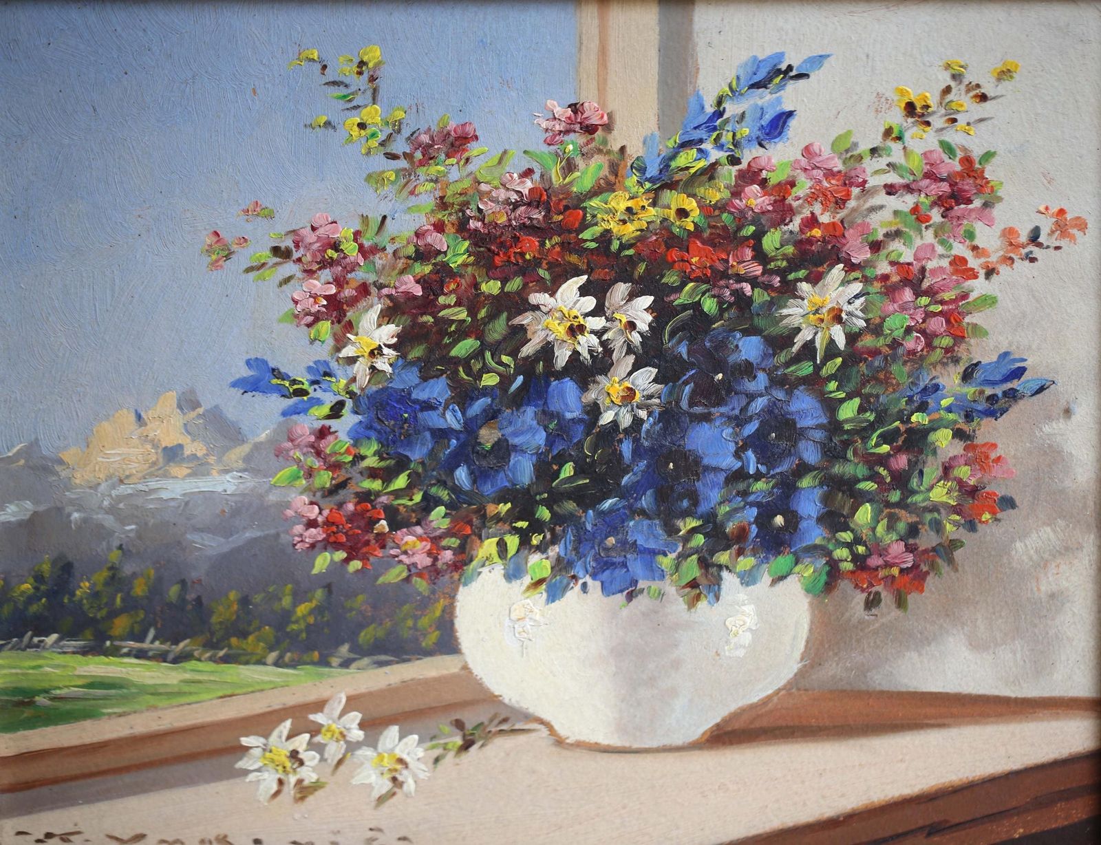 Original Vintage Oil Painting Floral Flowers Picture Still Life photo furniture