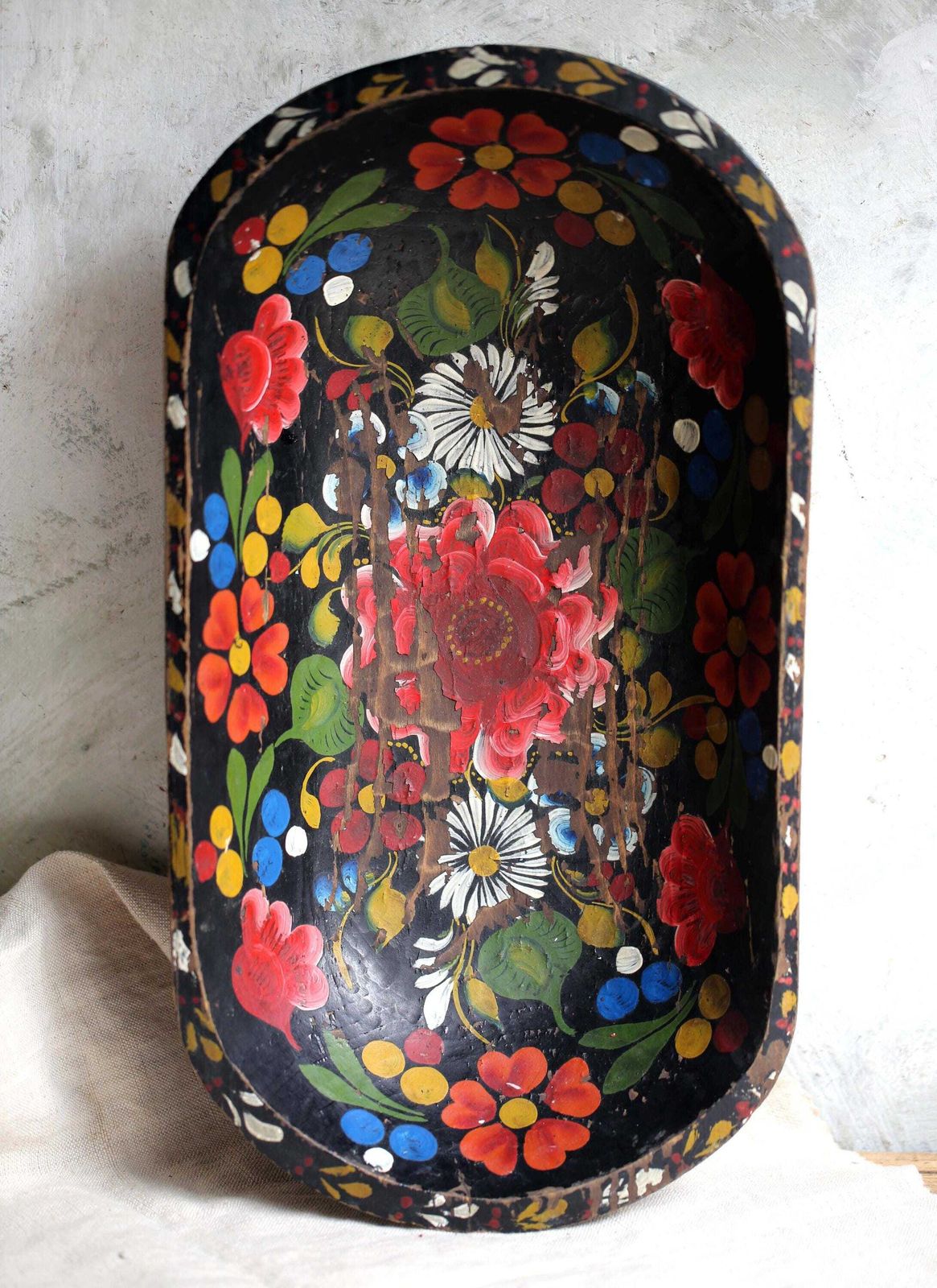 Antique French Folk Art Wooden Dough Bowl Painted Wood Proving Bowl photo for sale
