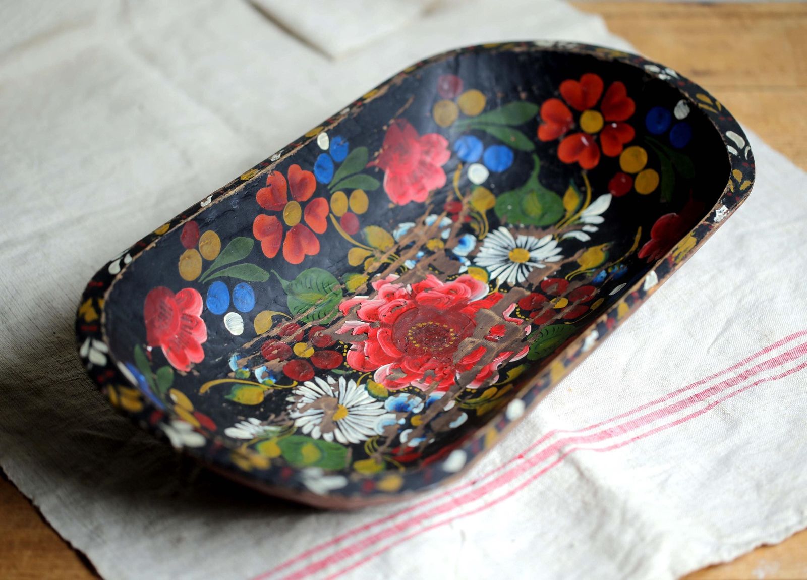Antique French Folk Art Wooden Dough Bowl Painted Wood Proving Bowl photo 104.0