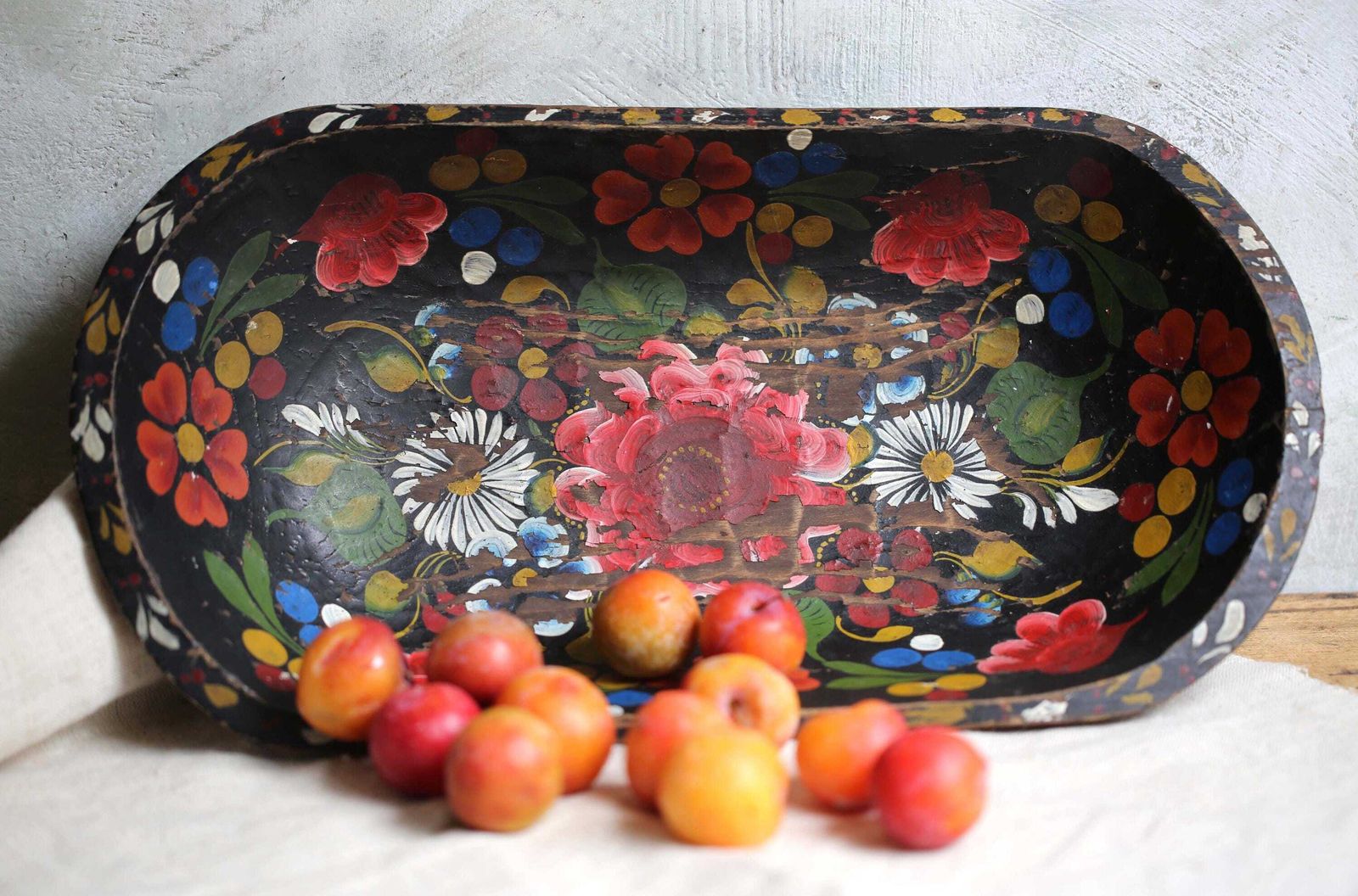 Antique French Folk Art Wooden Dough Bowl Painted Wood Proving Bowl photo buy