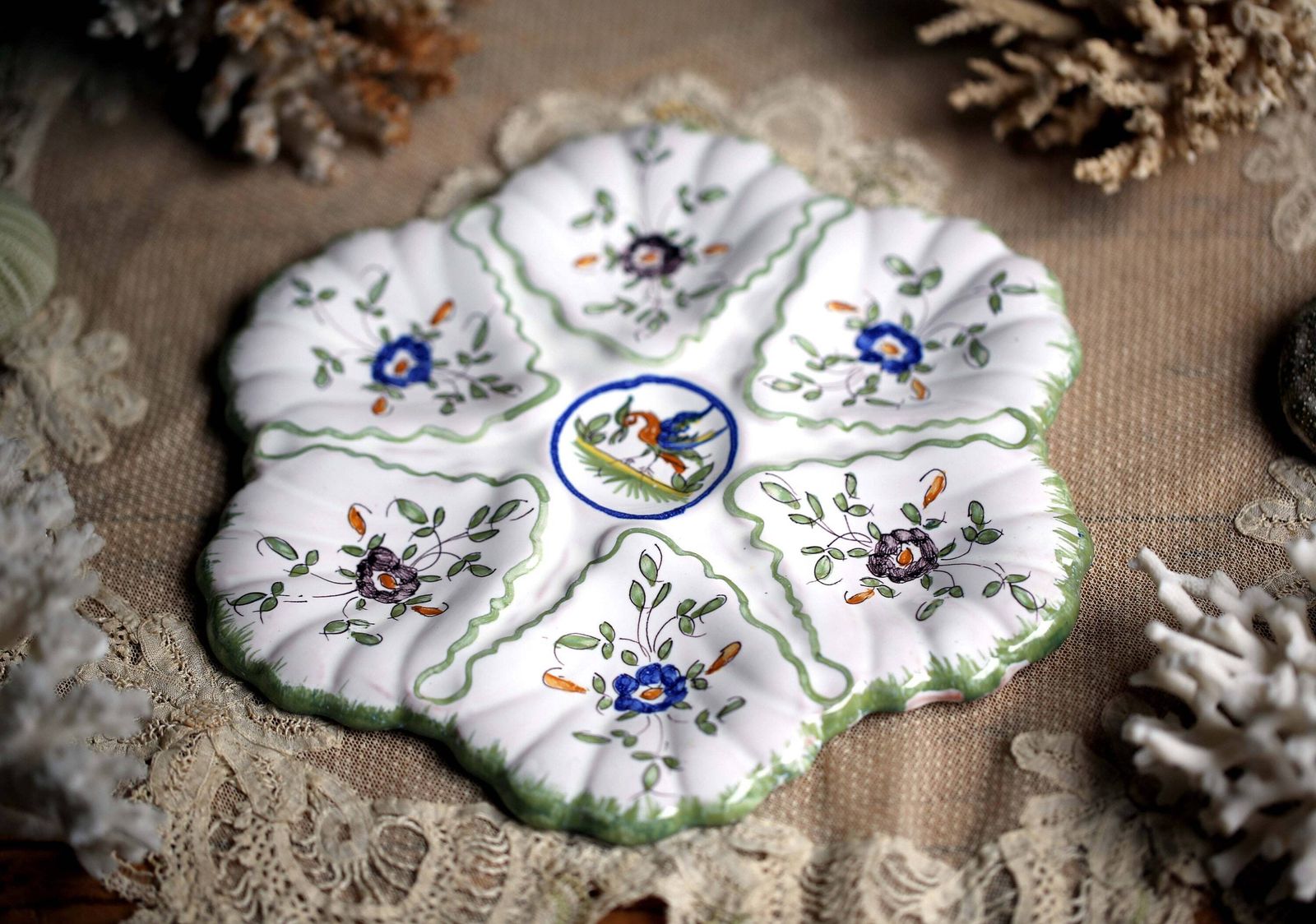 Moustiers Oyster Plate Hand Painted Floral Seafood Dish French Platter Martres Tolosanele photo furniture