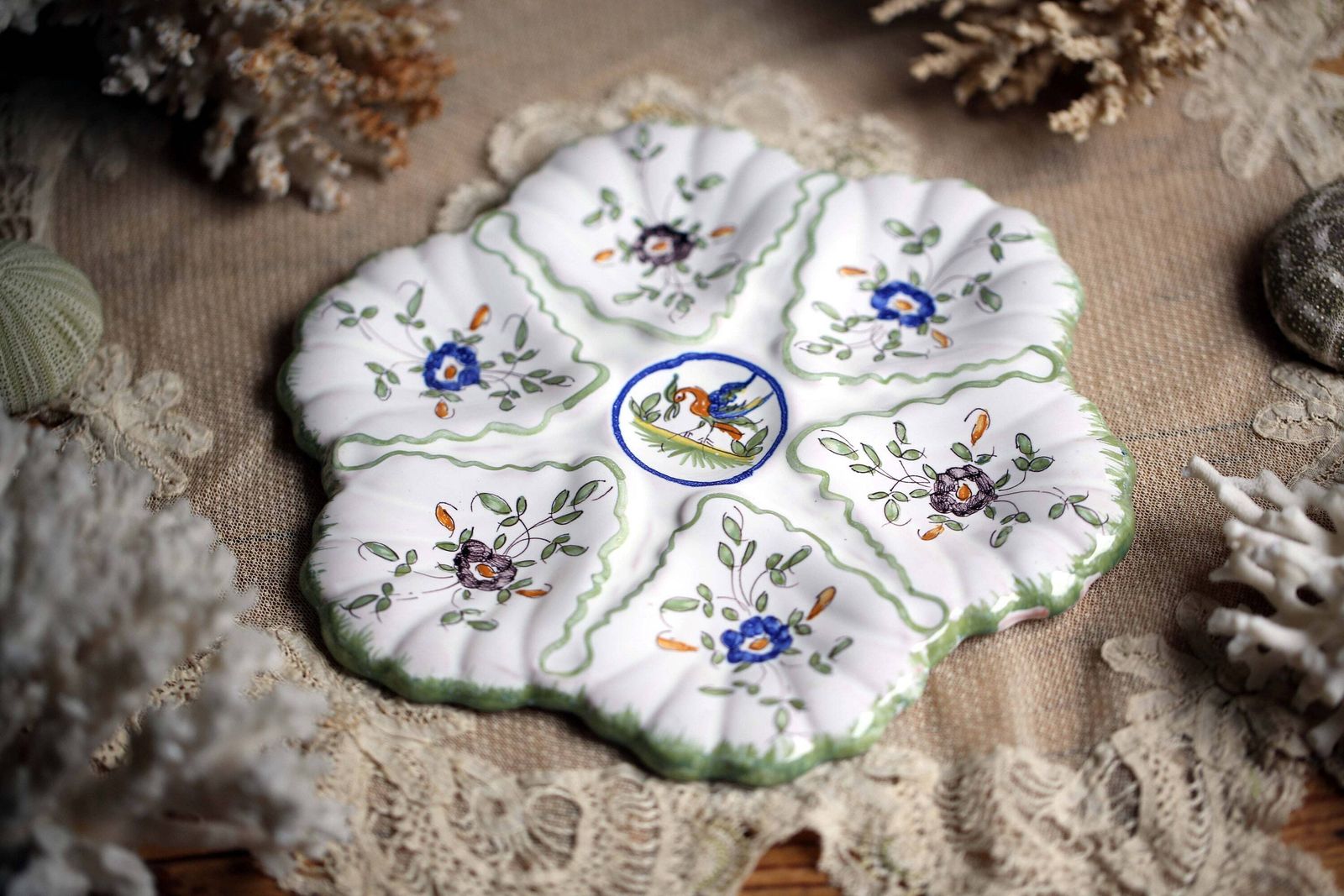 Moustiers Oyster Plate Hand Painted Floral Seafood Dish French Platter Martres Tolosanele photo vinterior