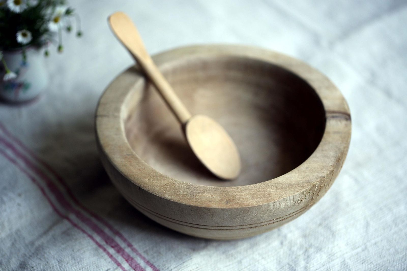 Antique Wooden Bowl Small Primitive French Dish & Carved Wood Spoon photo vinterior