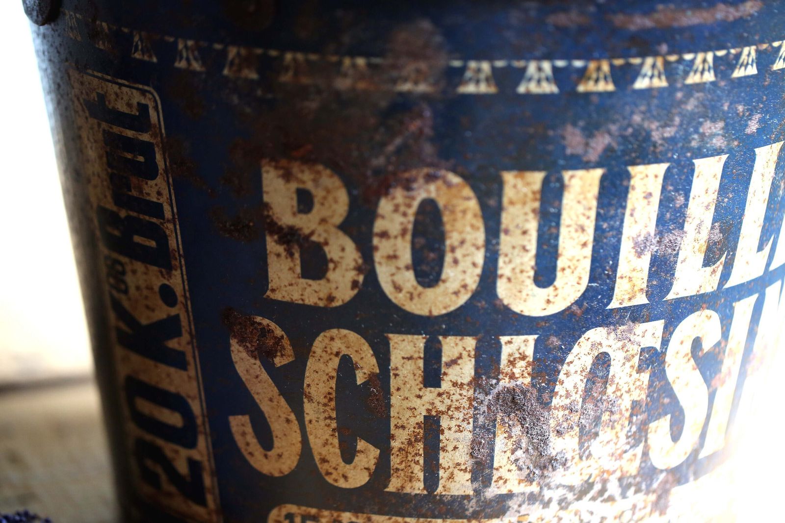 Large Vintage French Bucket Rusty Pail Rustic Metal Advertising Bouillie Schloesing photo furniture