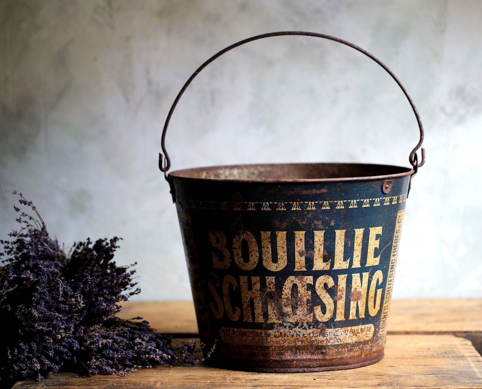 Large Vintage French Bucket Rusty Pail Rustic Metal Advertising Bouillie Schloesing photo for sale