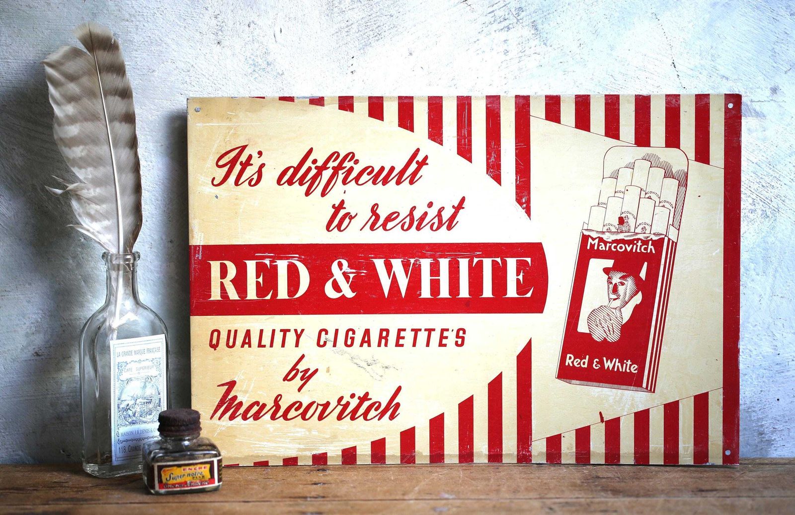 Vintage Cigarette Sign Red & White Serigraph Marcovitch Advertising Plaque