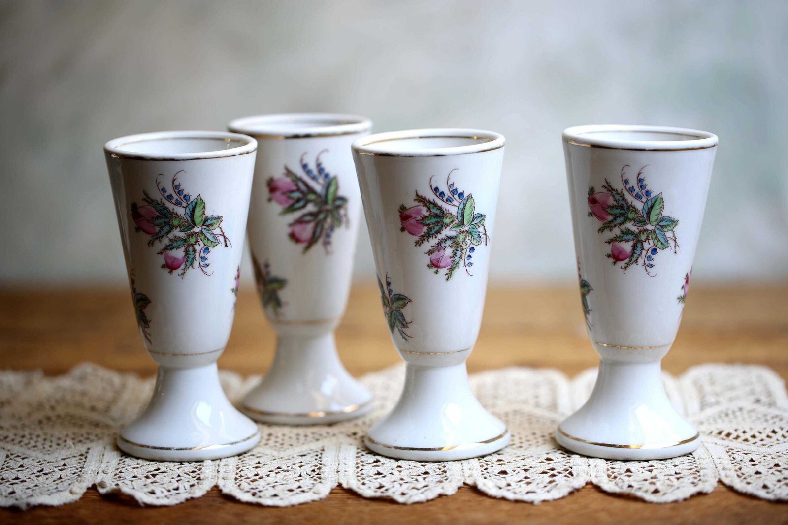 Antique French Bistro Cups Floral Porcelain Coffee Goblets Set Of 4 photo vinterior