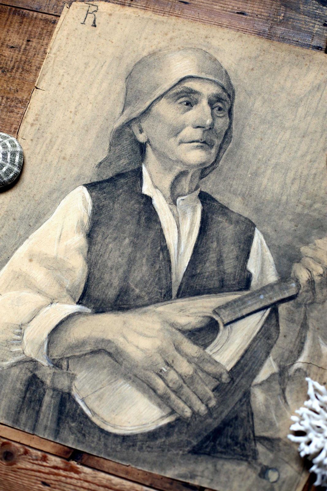 Original Antique Life Drawing Male Portrait Man Playing Guitar Antique French Pierre Souffran photo vinterior
