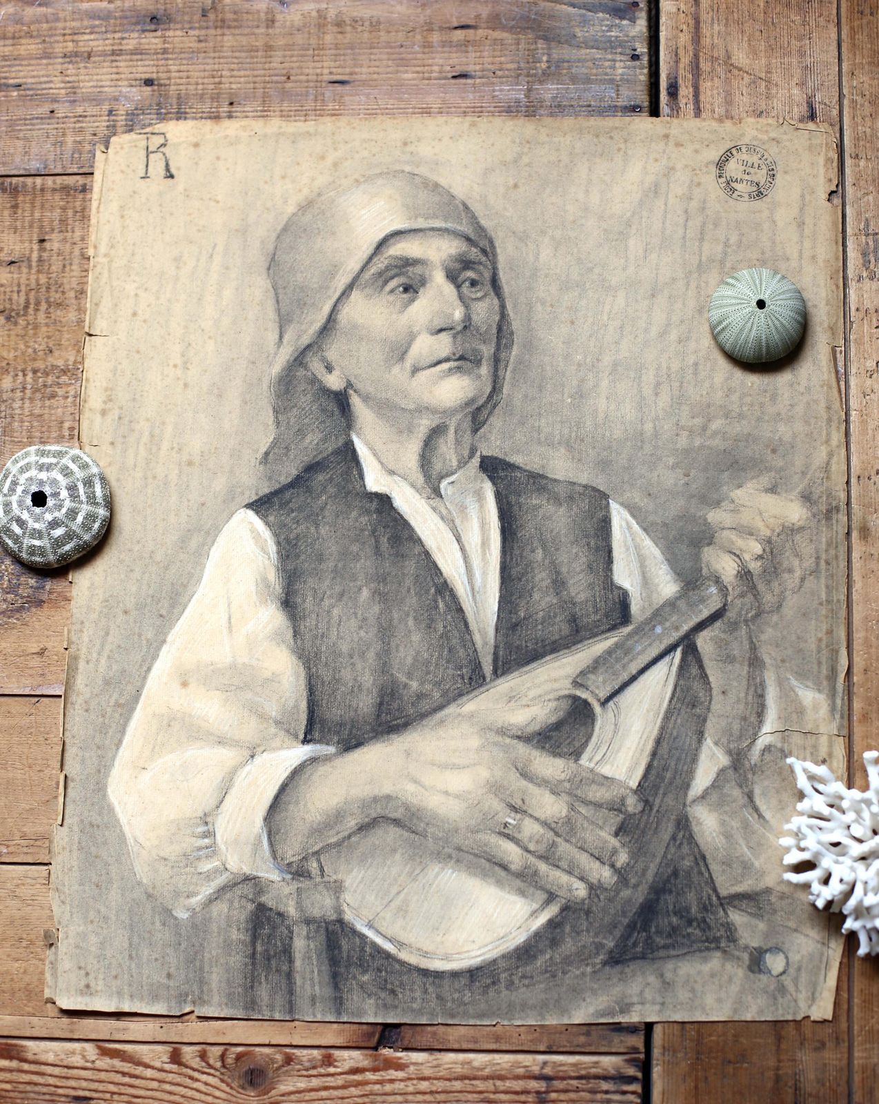 Original Antique Life Drawing Male Portrait Man Playing Guitar Antique French Pierre Souffran photo buy