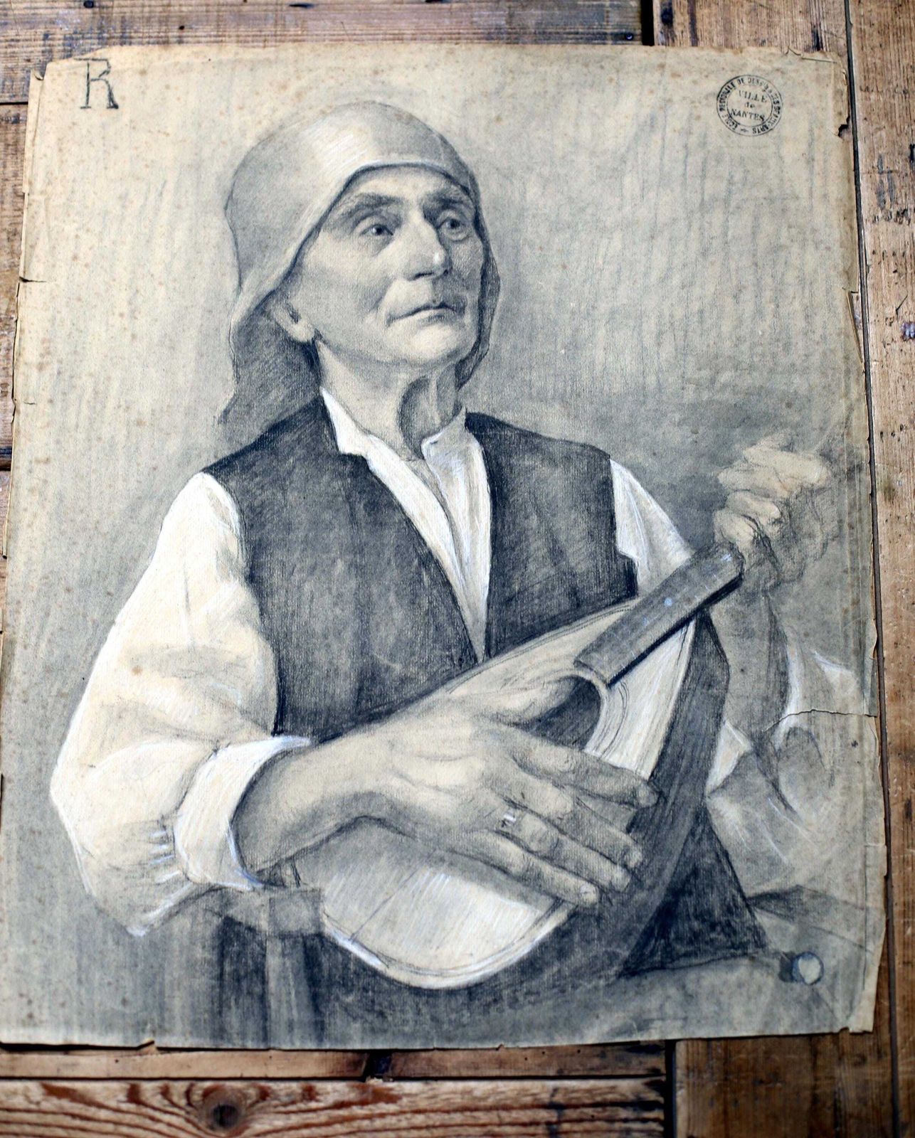 photo furniture Original Antique Life Drawing Male Portrait Man Playing Guitar Antique French Pierre Souffran