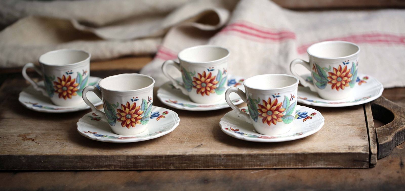 Set Of 5 Floral Creamware Cups And Saucers French Sarreguemines Pottery Vence photo furniture