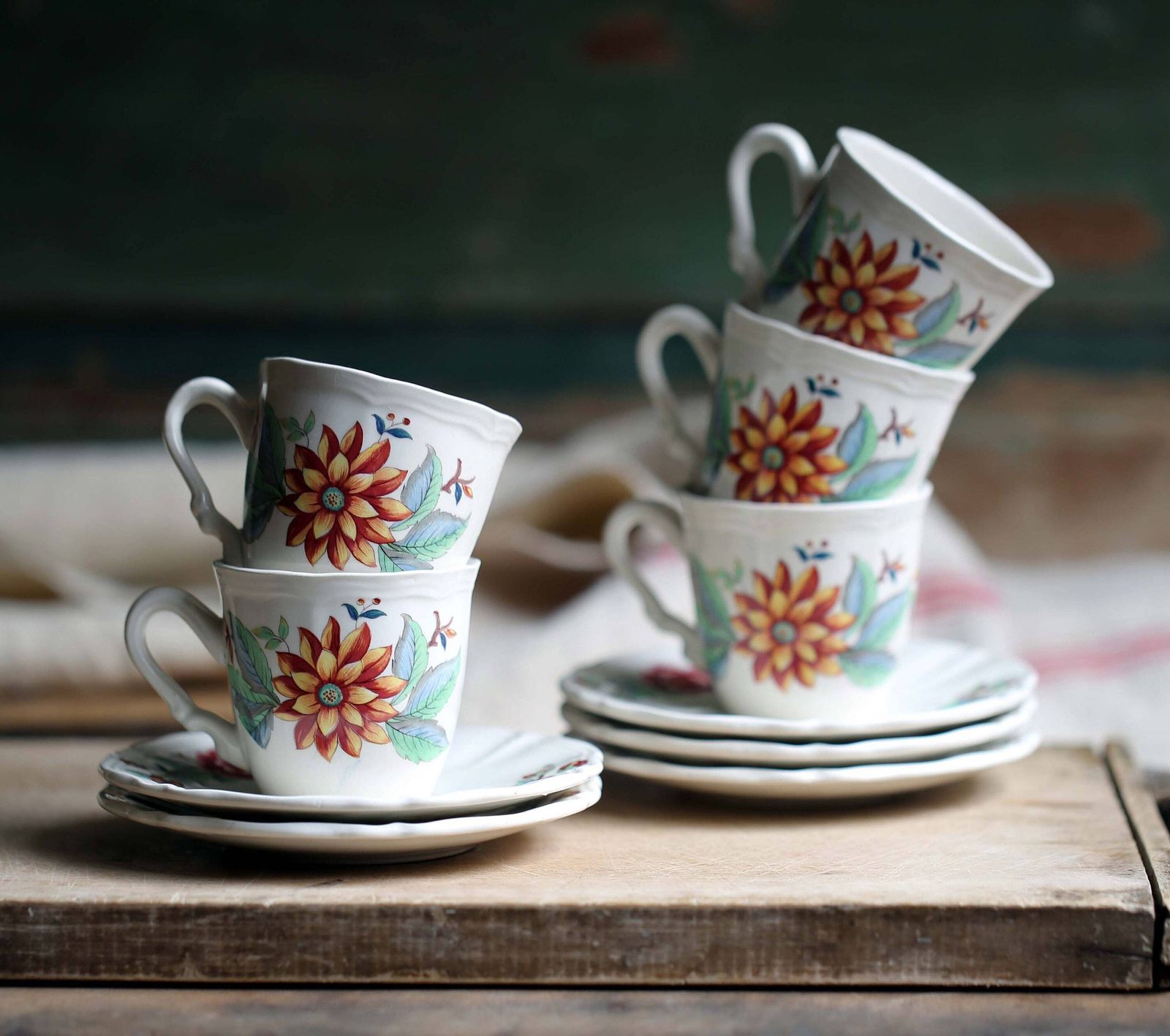 Set Of 5 Floral Creamware Cups And Saucers French Sarreguemines Pottery Vence photo 82.0
