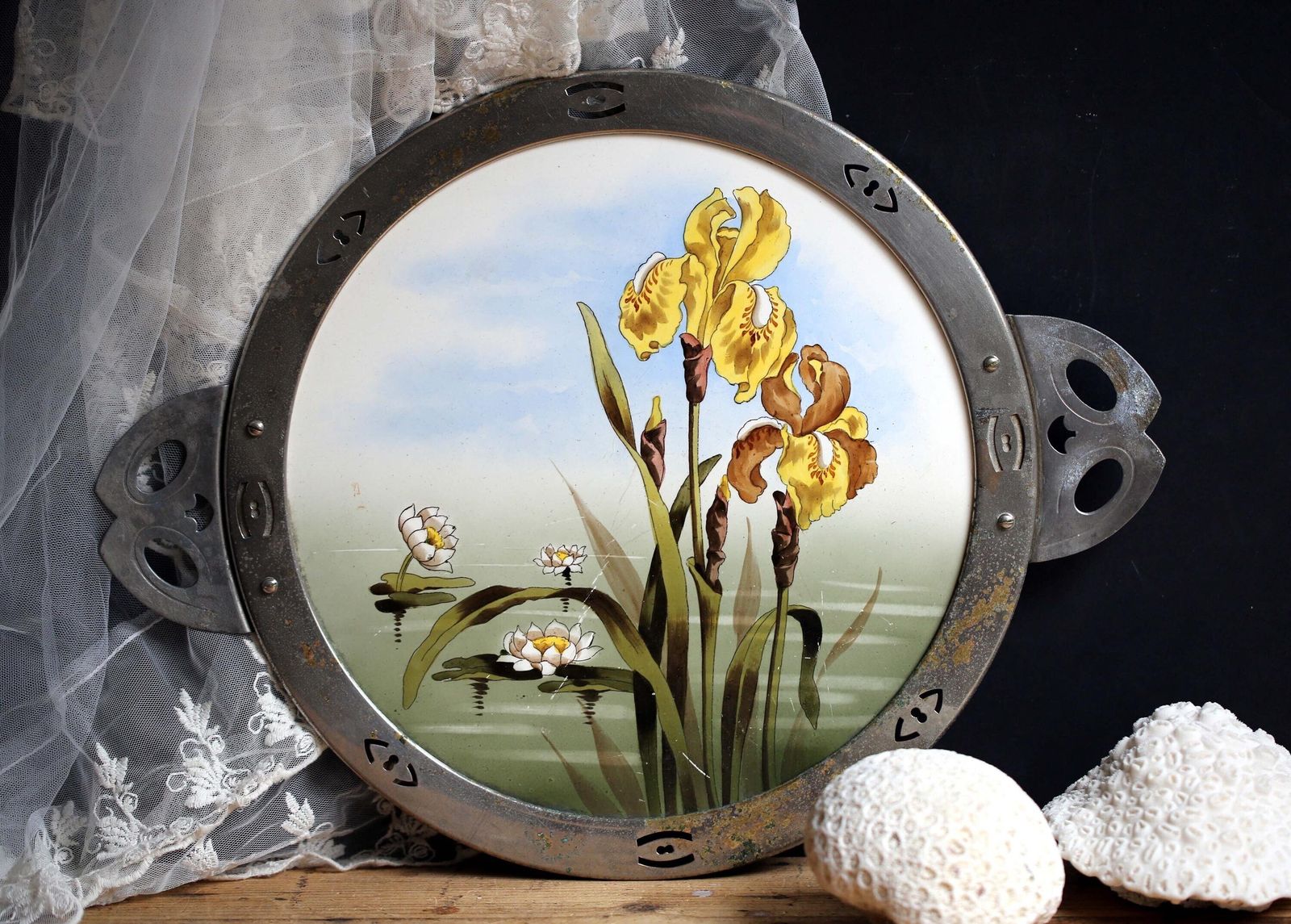 Large Antique Art Nouveau Tray Porcelain Yellow Irises Plate By Max Dannhorn
