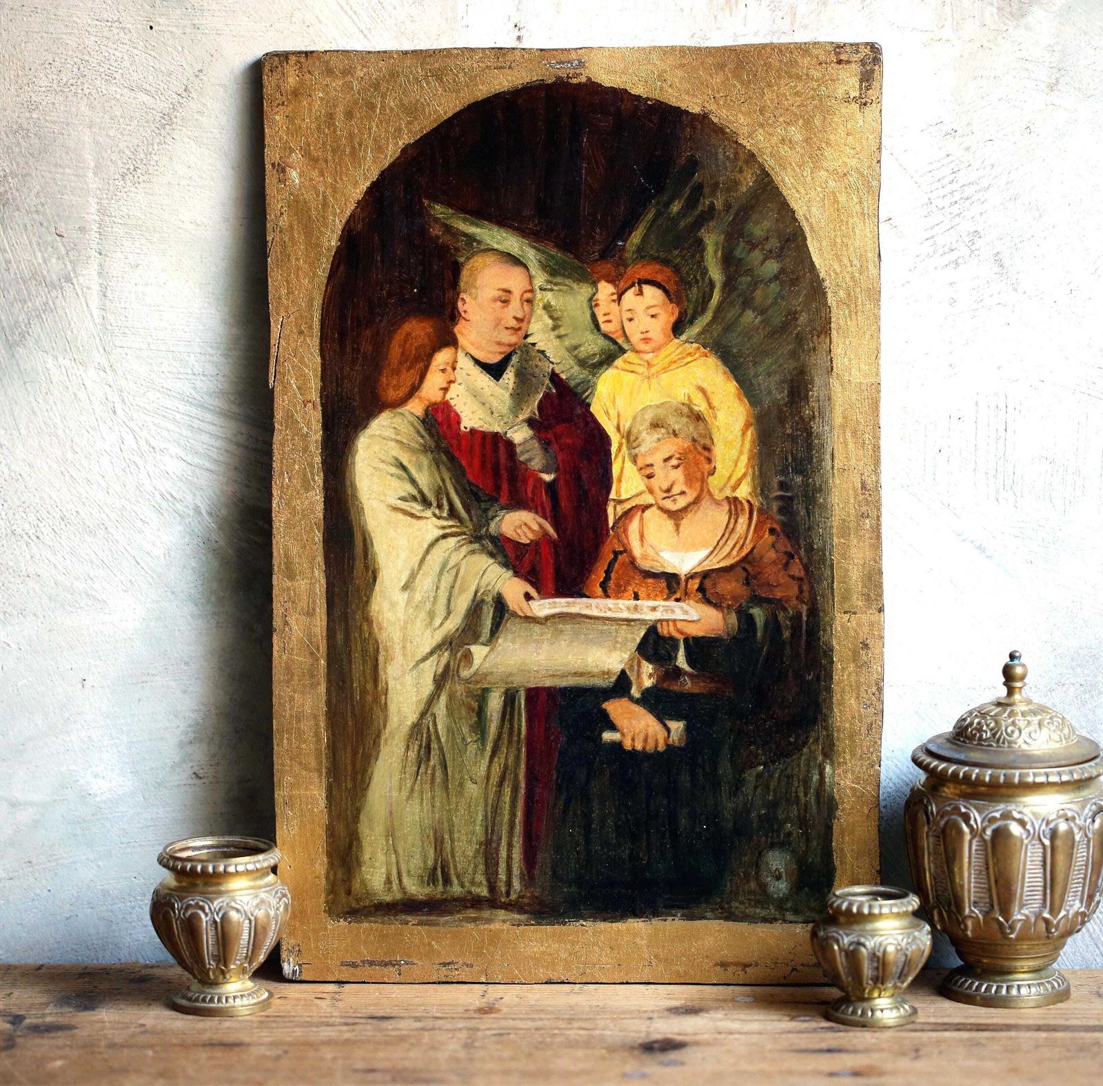 Antique Religious Painting With Angel Oil On Wood photo vinterior