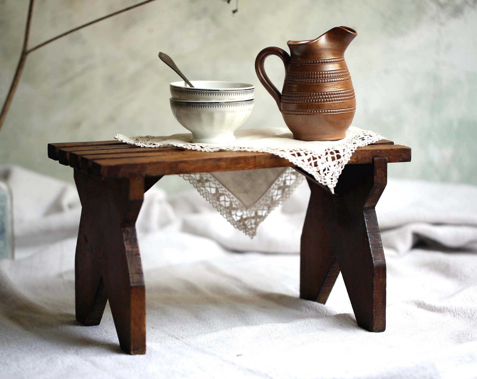 French Wooden Foot Stool Antique Slatted Footstool Small Display Stand photo vintage