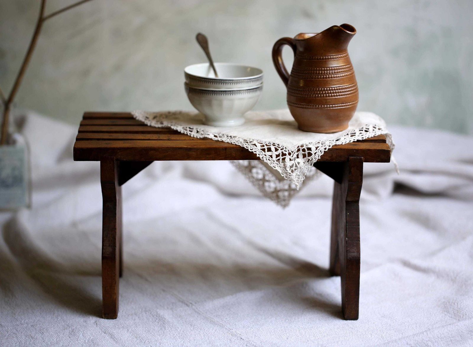 photo furniture French Wooden Foot Stool Antique Slatted Footstool Small Display Stand