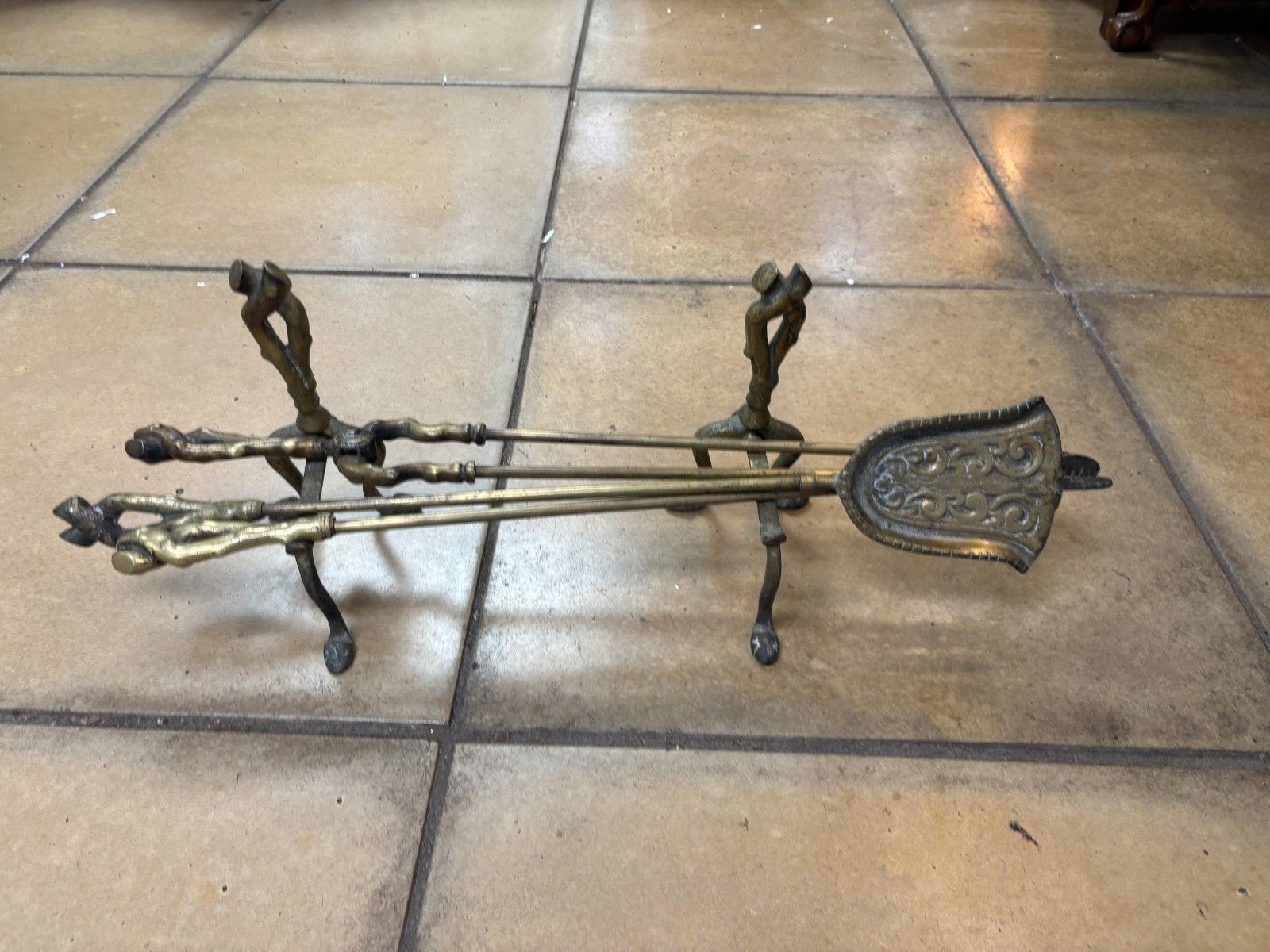 Antique Brass Fire Companion Set With Fire Dog Stands photo vinterior