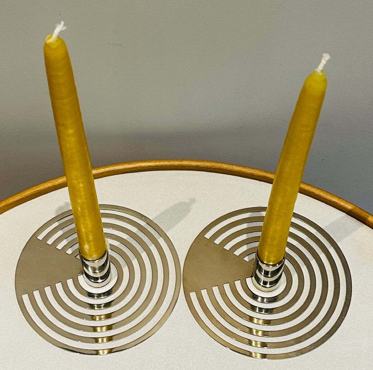 Pair Of Swedish Contemporary Polished Chrome Concentric Patterned Eightmood Candleholders photo vinterior
