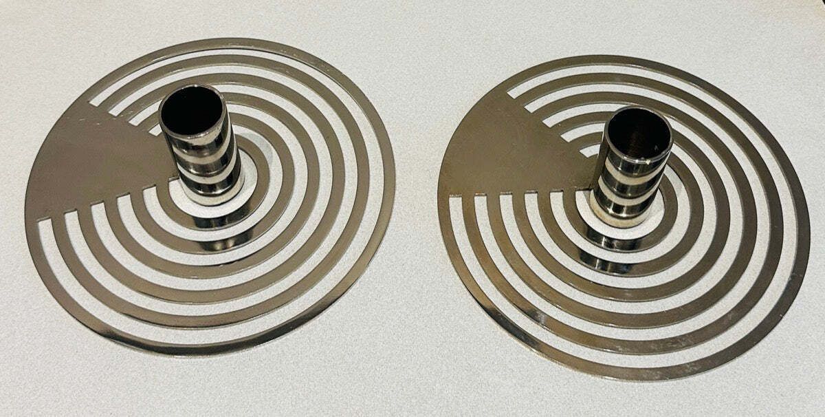 Pair Of Swedish Contemporary Polished Chrome Concentric Patterned Eightmood Candleholders photo buy
