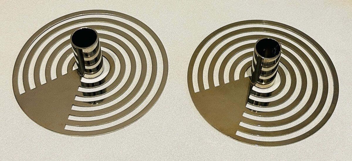 Pair Of Swedish Contemporary Polished Chrome Concentric Patterned Eightmood Candleholders photo vintage
