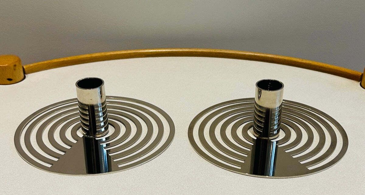 photo furniture Pair Of Swedish Contemporary Polished Chrome Concentric Patterned Eightmood Candleholders