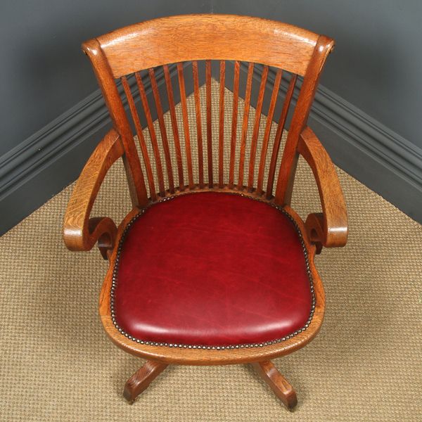 photo furniture English Edwardian Oak & Red Leather Revolving Office Desk Arm Chair (Circa 1910)