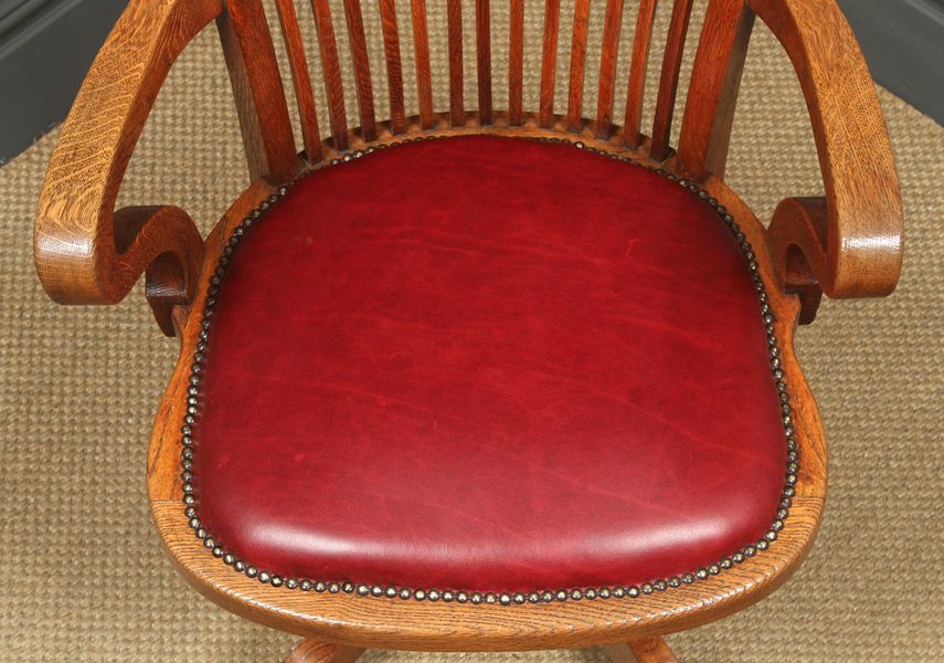photo for sale English Edwardian Oak & Red Leather Revolving Office Desk Arm Chair (Circa 1910)