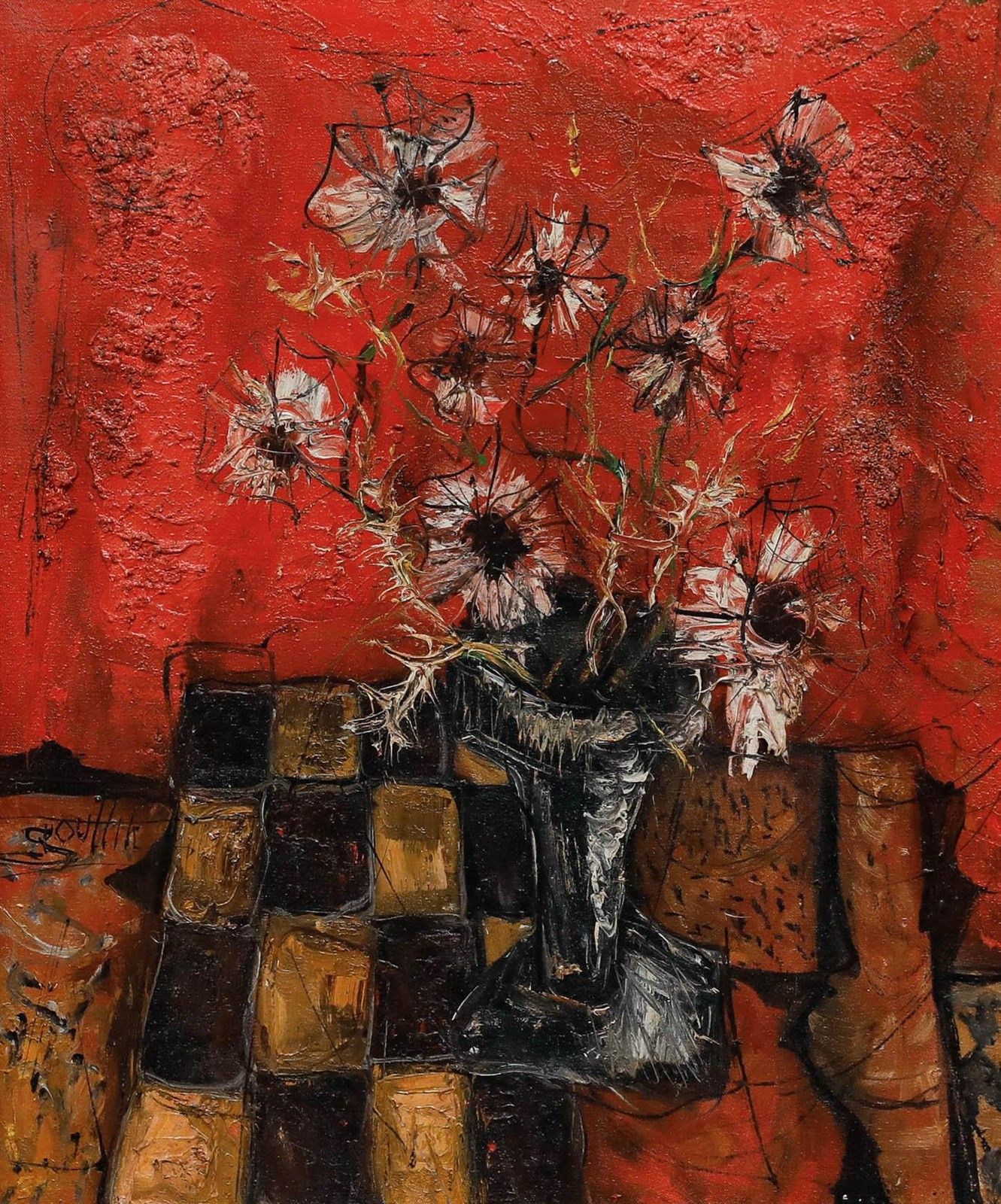 Jean Marie Gouttin (1922 1987)  Mid 20th Century Oil, Still Life In Red photo furniture
