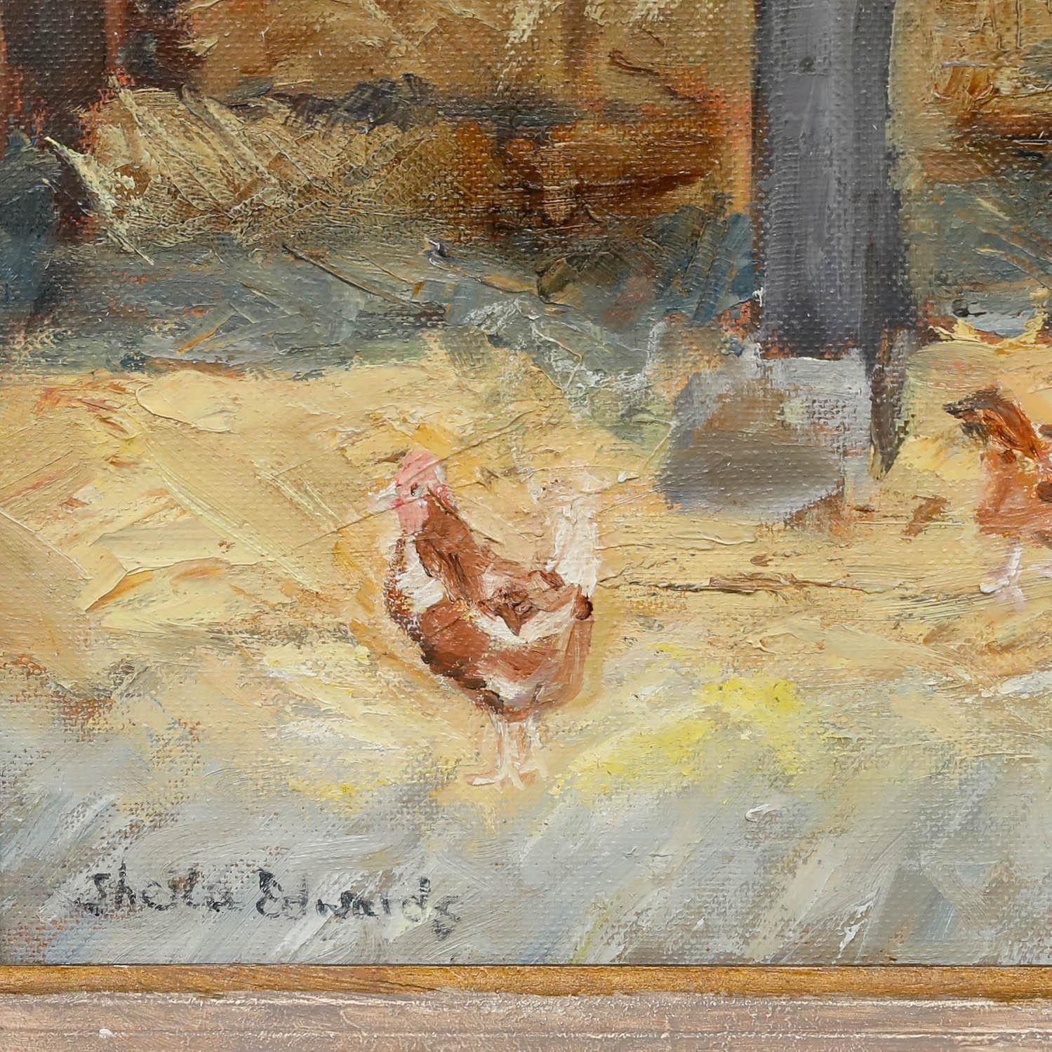 Sheila Edwards Framed 20th Century Oil, Chickens In A Straw Barn photo vinterior